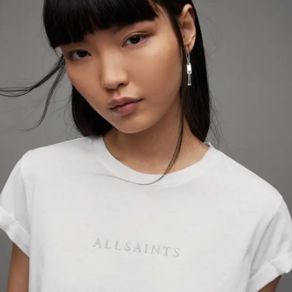 AllSaints Anna Sparkle Logo Cotton tee shirt white NEW US 4 optic white